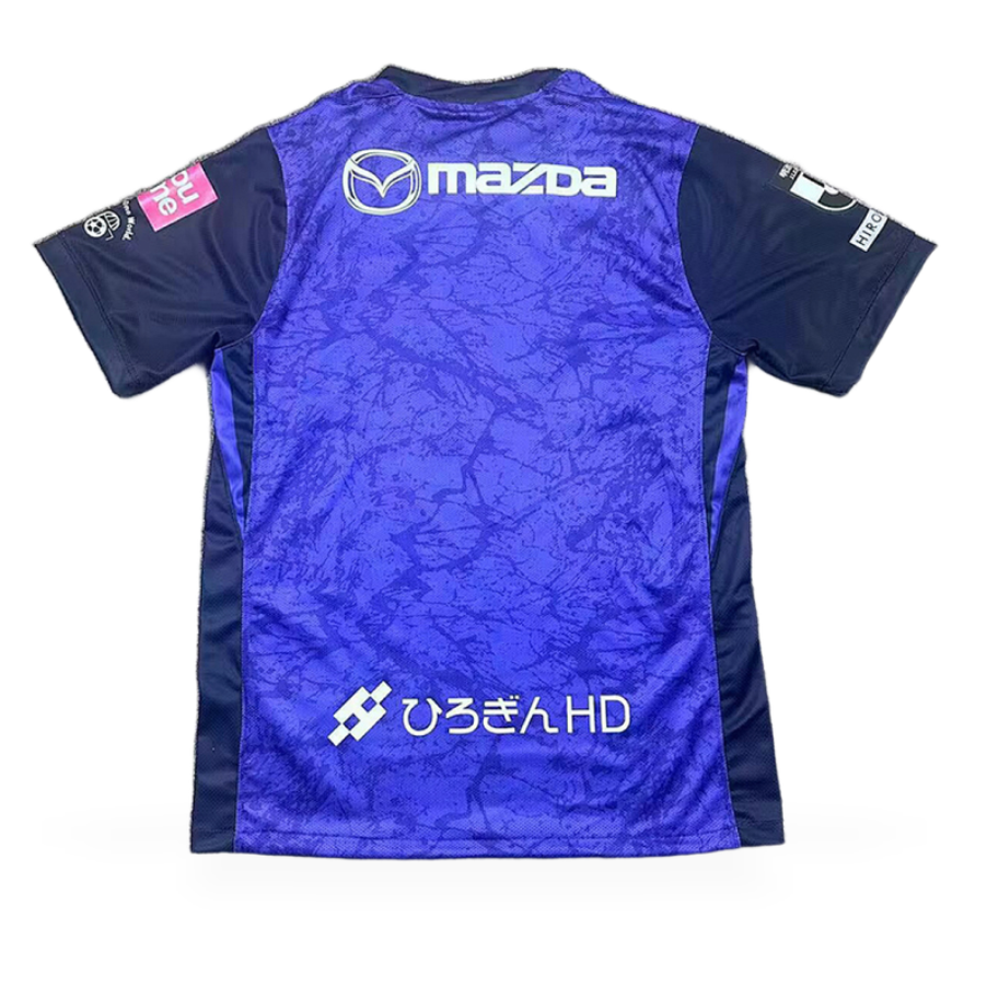 Sanfrecce Hiroshima Home Jersey 2026/27 back view in purple with tonal abstract pattern, navy sleeves, Mazda sponsor and lower-back sponsor details