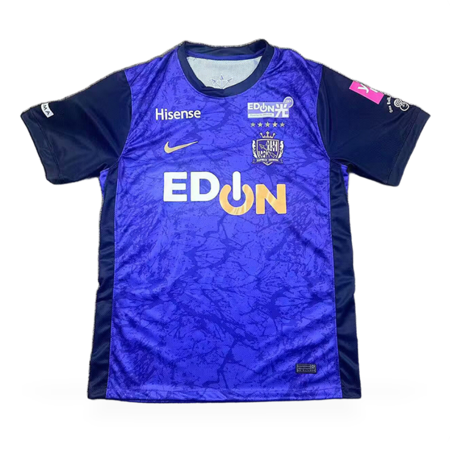 Sanfrecce Hiroshima Home Jersey 2026/27 front view in purple with abstract pattern, navy sleeves, club crest and EDION sponsor