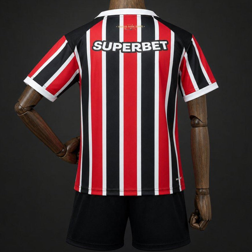 Sao Paulo Away Jersey 2026 Kids Set back view with red black and white striped jersey