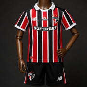 Sao Paulo Away Jersey 2026 Kids Set front view with red black and white striped jersey