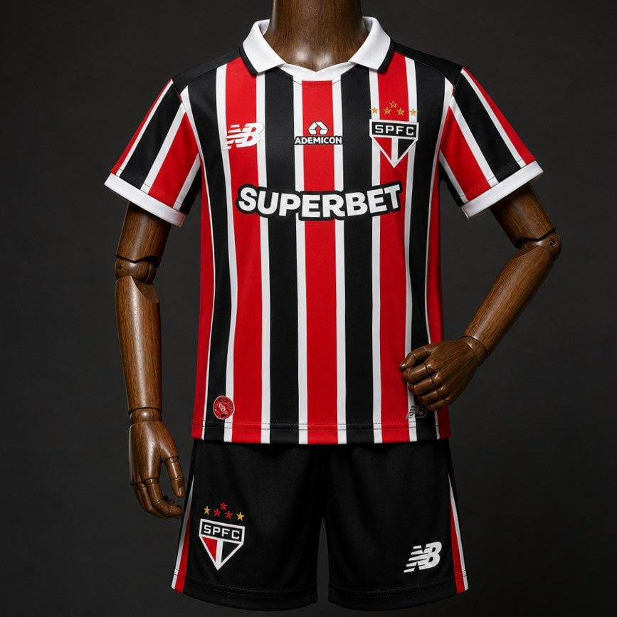 Sao Paulo Away Jersey 2026 Kids Set front view with red black and white striped jersey
