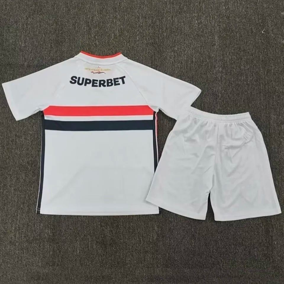 Sao Paulo Home Jersey 2026 Kids Set back view with white jersey and matching shorts