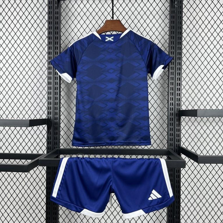 Scotland Home Jersey 2026 Kids Set back view with navy jersey and matching shorts