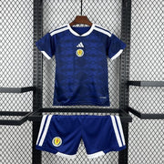 Scotland Home Jersey 2026 Kids Set front view with navy jersey and matching shorts