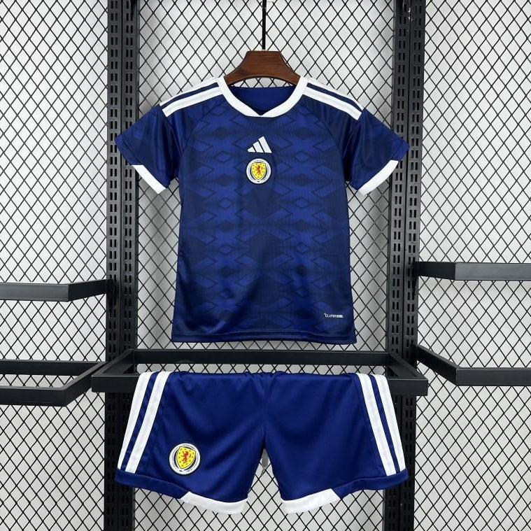 Scotland Home Jersey 2026 Kids Set front view with navy jersey and matching shorts