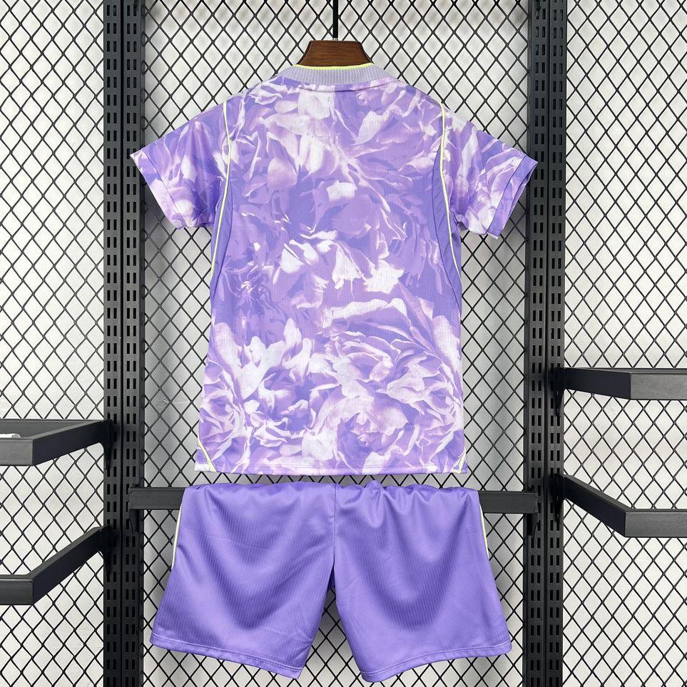 South Korea Away Jersey 2026 Kids Set back view with lilac floral jersey and purple shorts