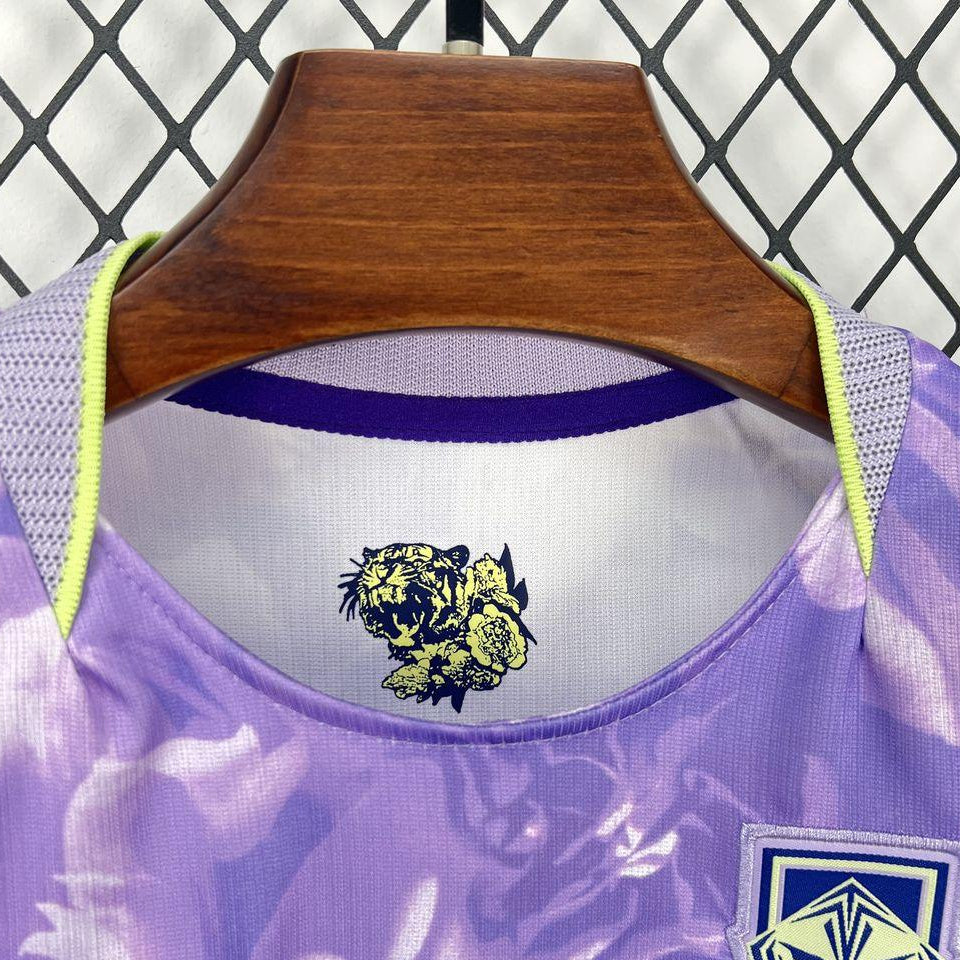 South Korea Away Jersey 2026 Kids Set front collar view with lilac floral jersey and purple shorts 