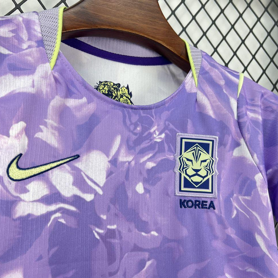 South Korea Away Jersey 2026 Kids Set front crest view with lilac floral jersey and purple shorts