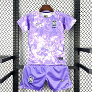 South Korea Away Jersey 2026 Kids Set front view with lilac floral jersey and purple shorts
