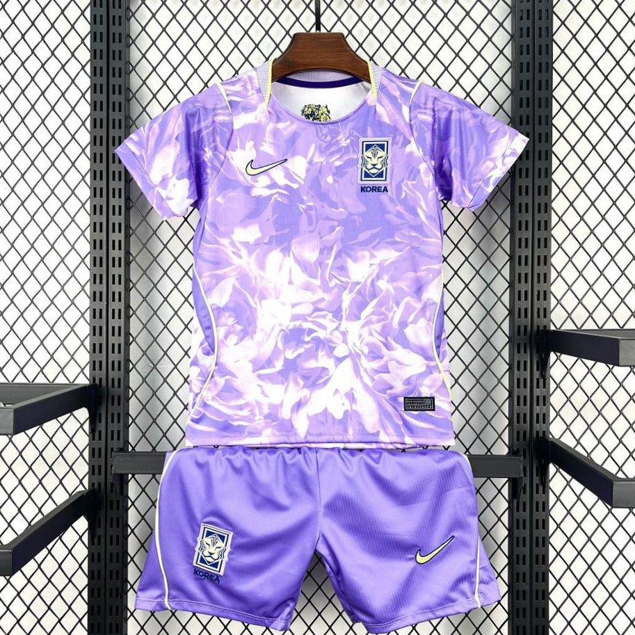 South Korea Away Jersey 2026 Kids Set front view with lilac floral jersey and purple shorts