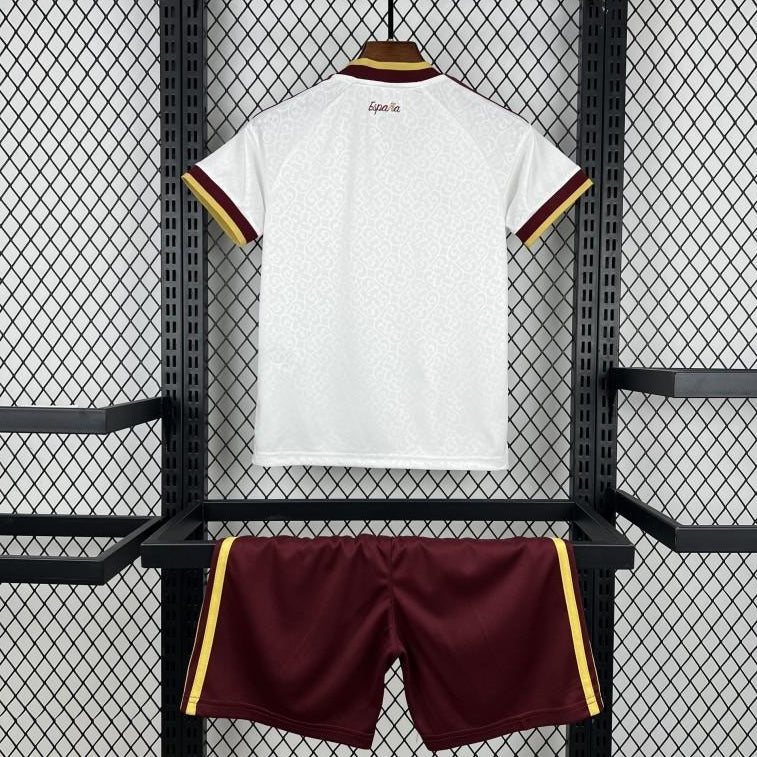 Spain Away Jersey 2026 Kids Set back view with white jersey and burgundy shorts