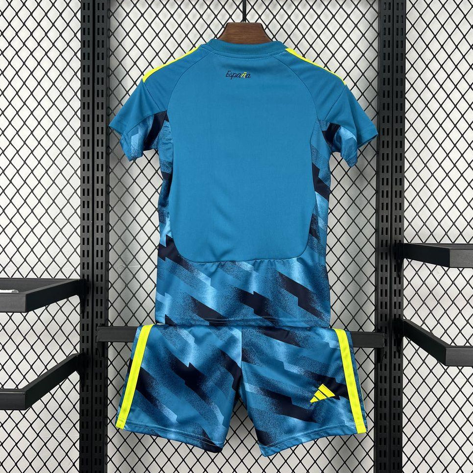 Spain Goalkeeper Jersey 2026 Kids Set back view with blue jersey and patterned shorts