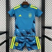 Spain Goalkeeper Jersey 2026 Kids Set front view with blue jersey and patterned shorts