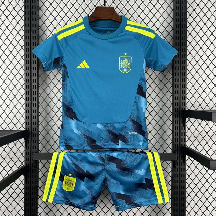 Spain Goalkeeper Jersey 2026 Kids Set front view with blue jersey and patterned shorts