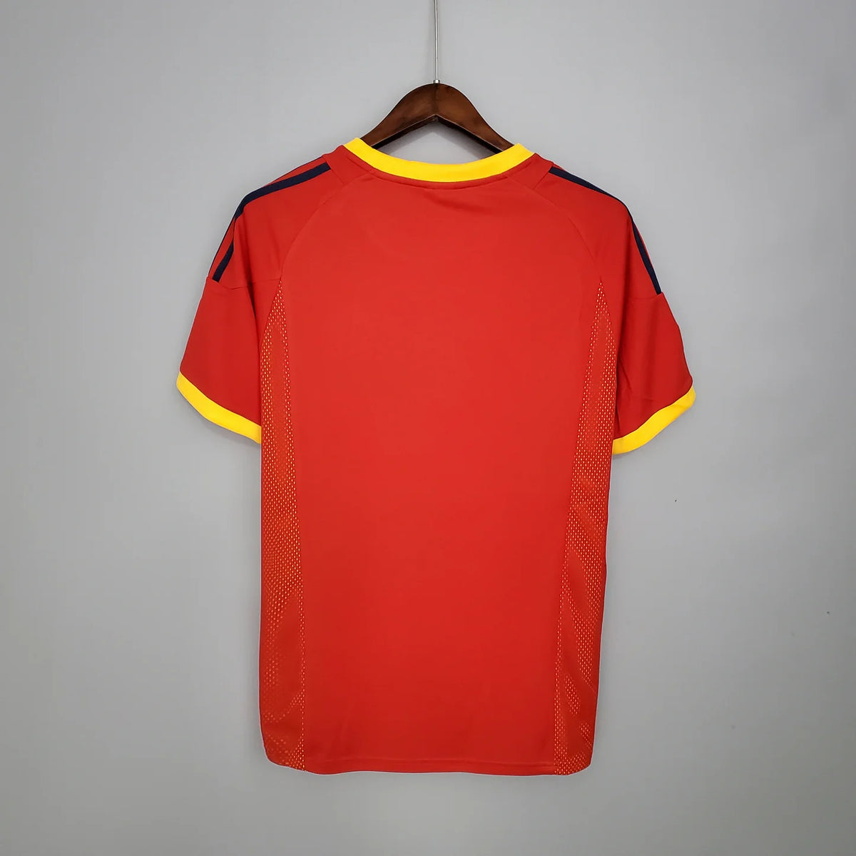 Spain Home Jersey 2002 back view in red with yellow collar and sleeve trim