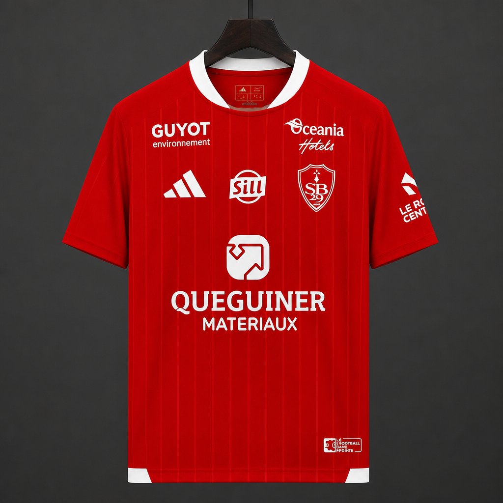 Stade Brestois Home Jersey 2026/27 front view in red with white collar details, club crest and sponsor graphics