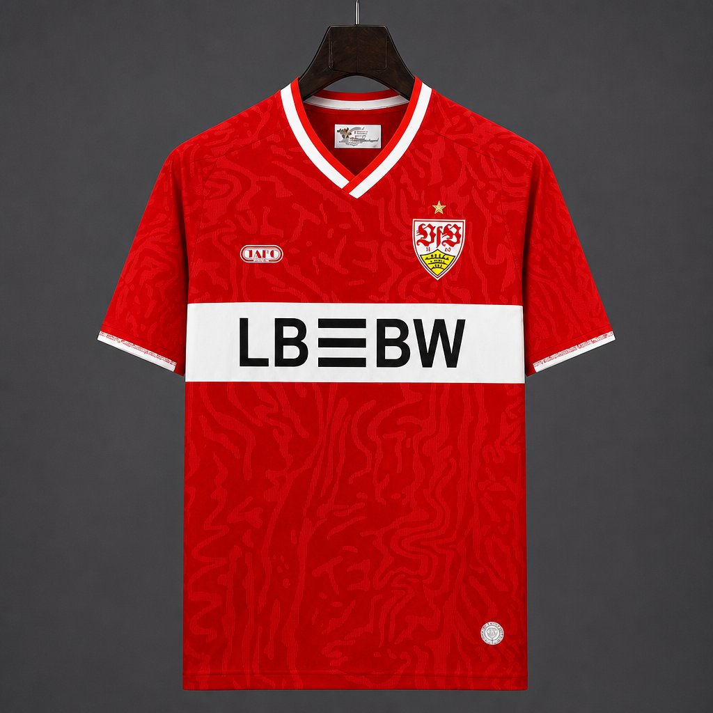Stuttgart Away Jersey 2026/27 front view in red with tonal pattern, white chest band, club crest and LBBW sponsor
