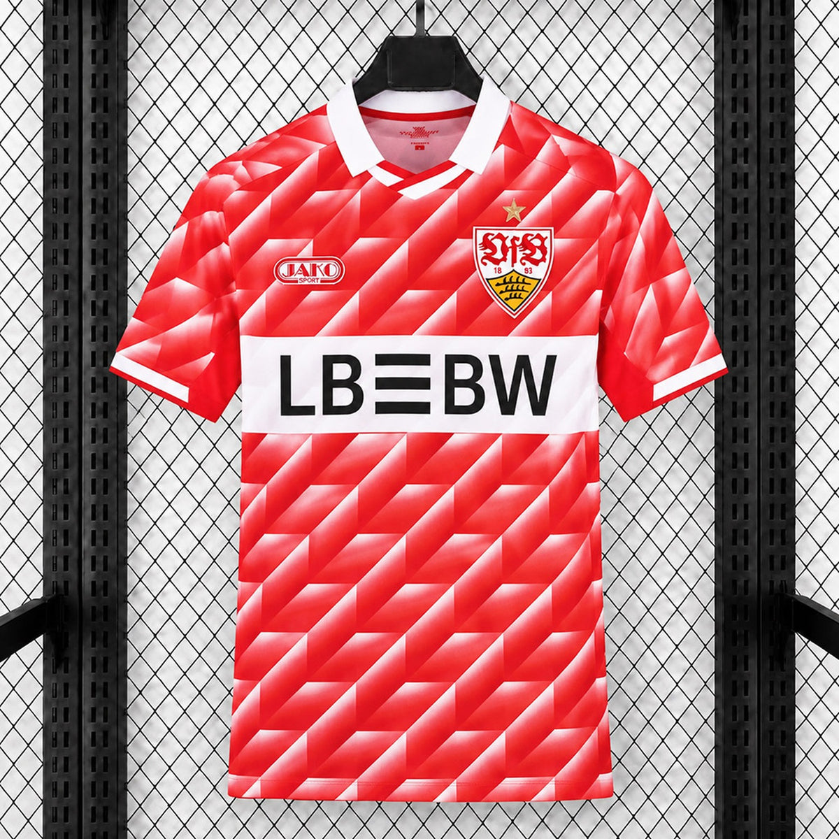 Stuttgart Champions League Away Jersey 2026/27 front view in red with geometric pattern, white collar, Stuttgart crest and LBBW sponsor