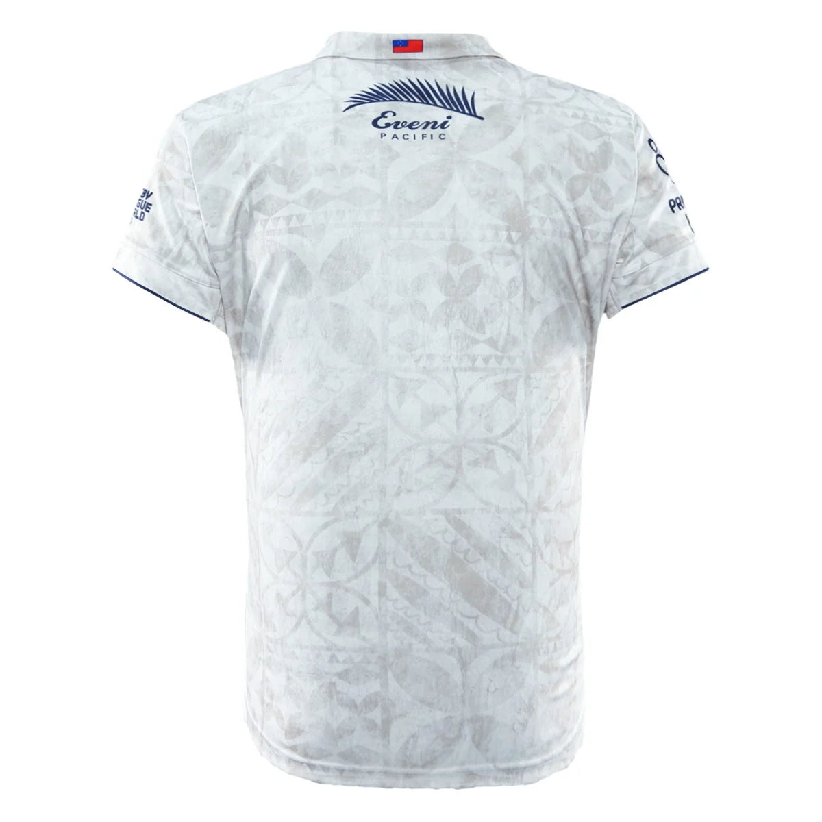 Toa Samoa Rugby League World Cup 2026 Away Jersey back view, white with subtle tonal pattern and navy sponsor graphic