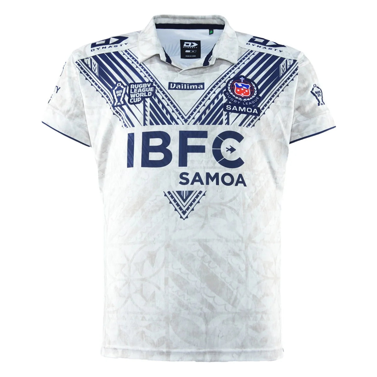 Toa Samoa Rugby League World Cup 2026 Away Jersey front view, white with navy tatau-inspired V chevron, Samoa crest and IBFC Samoa sponsor