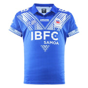 Toa Samoa Rugby League World Cup 2026 Home Jersey front view, royal blue with white tatau-inspired chevron, Samoa crest and IBFC Samoa sponsor