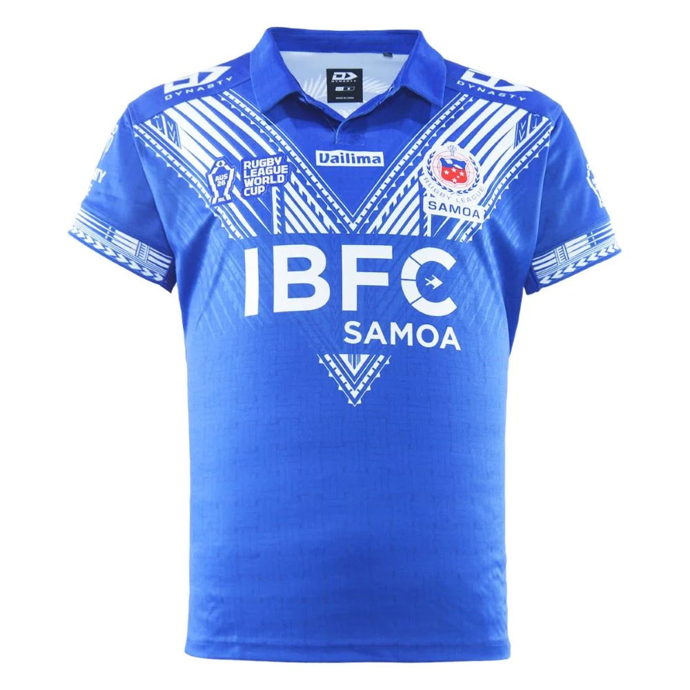 Toa Samoa Rugby League World Cup 2026 Home Jersey front view, royal blue with white tatau-inspired chevron, Samoa crest and IBFC Samoa sponsor
