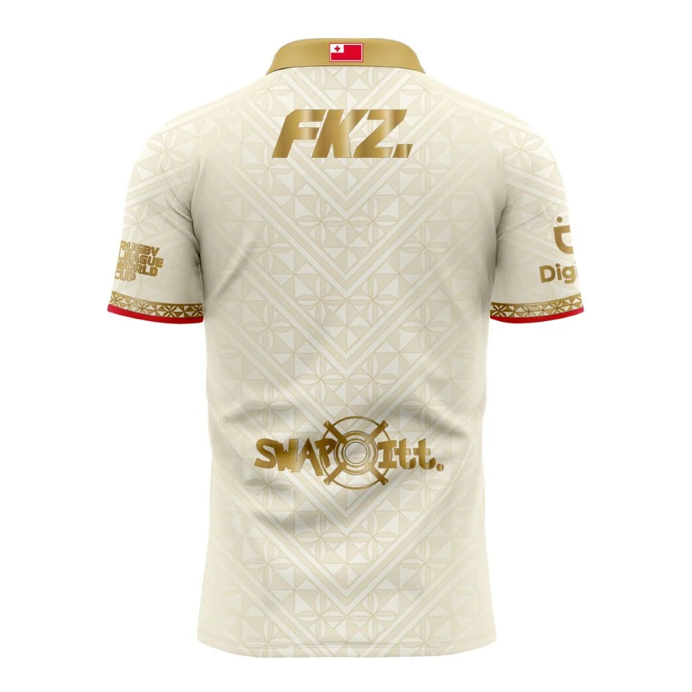 Tonga Rugby League World Cup 2026 Away Jersey back view, cream with gold sponsor graphics