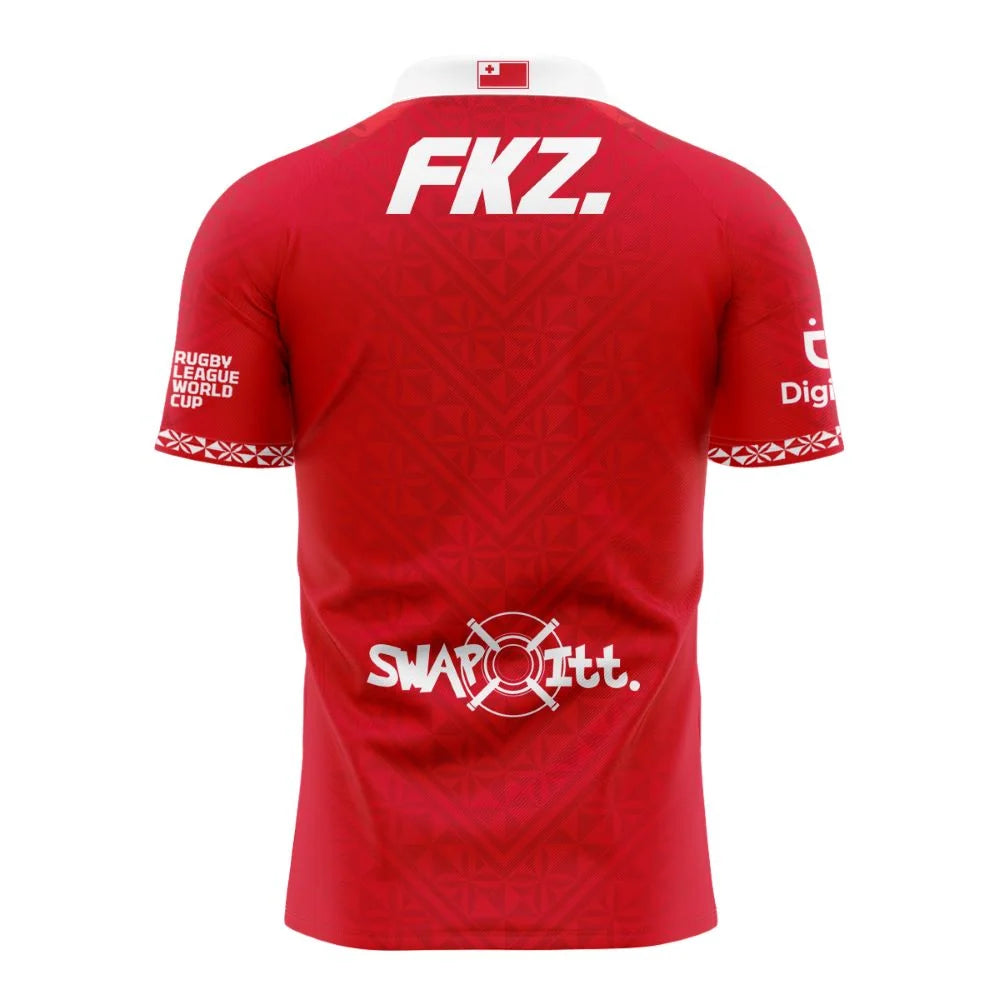 Tonga Rugby League World Cup 2026 Home Jersey back view, red with white sponsor graphics