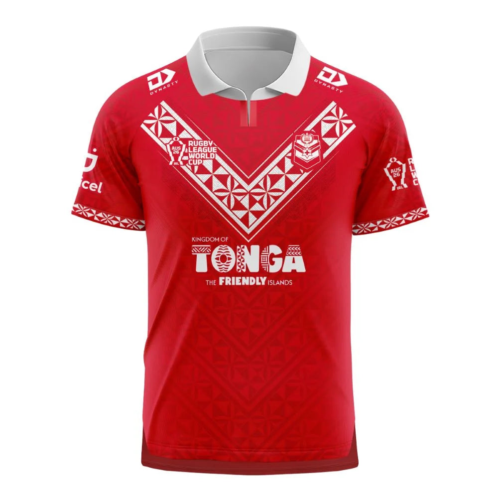 Tonga Rugby League World Cup 2026 Home Jersey front view, red with white ngatu-pattern chevron, Kingdom of Tonga crest and RLWC logo