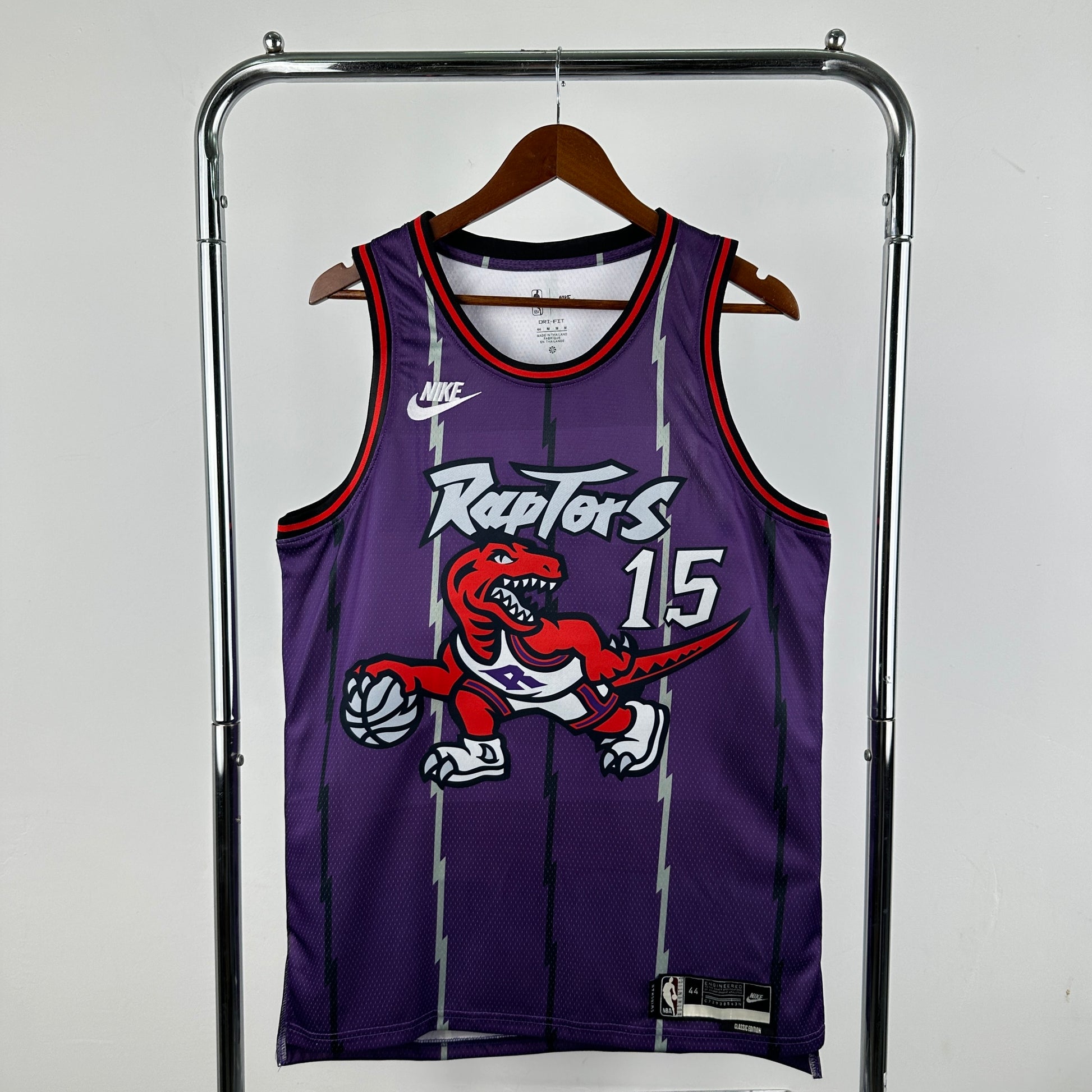 Toronto Raptors 2025/26 purple retro swingman jersey Vince Carter number 15 dinosaur design front and back view