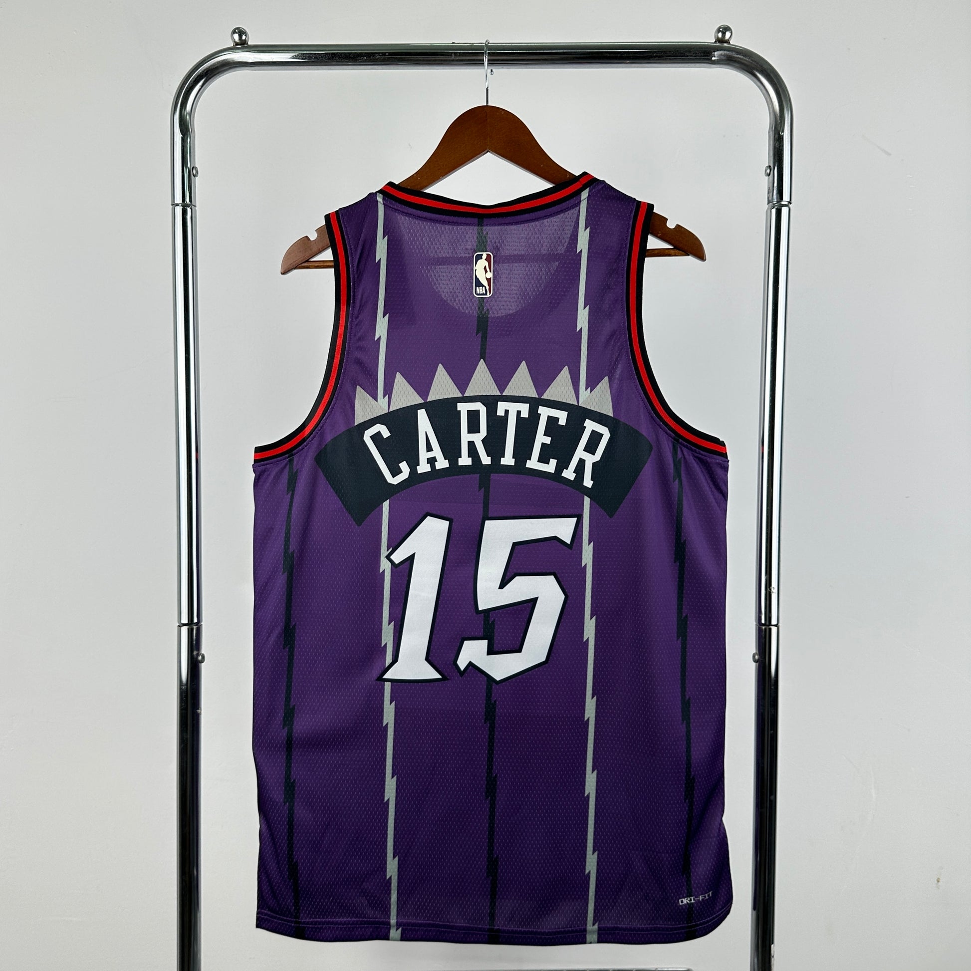 Toronto Raptors 2025/26 purple retro swingman jersey Vince Carter number 15 dinosaur design front and back view
