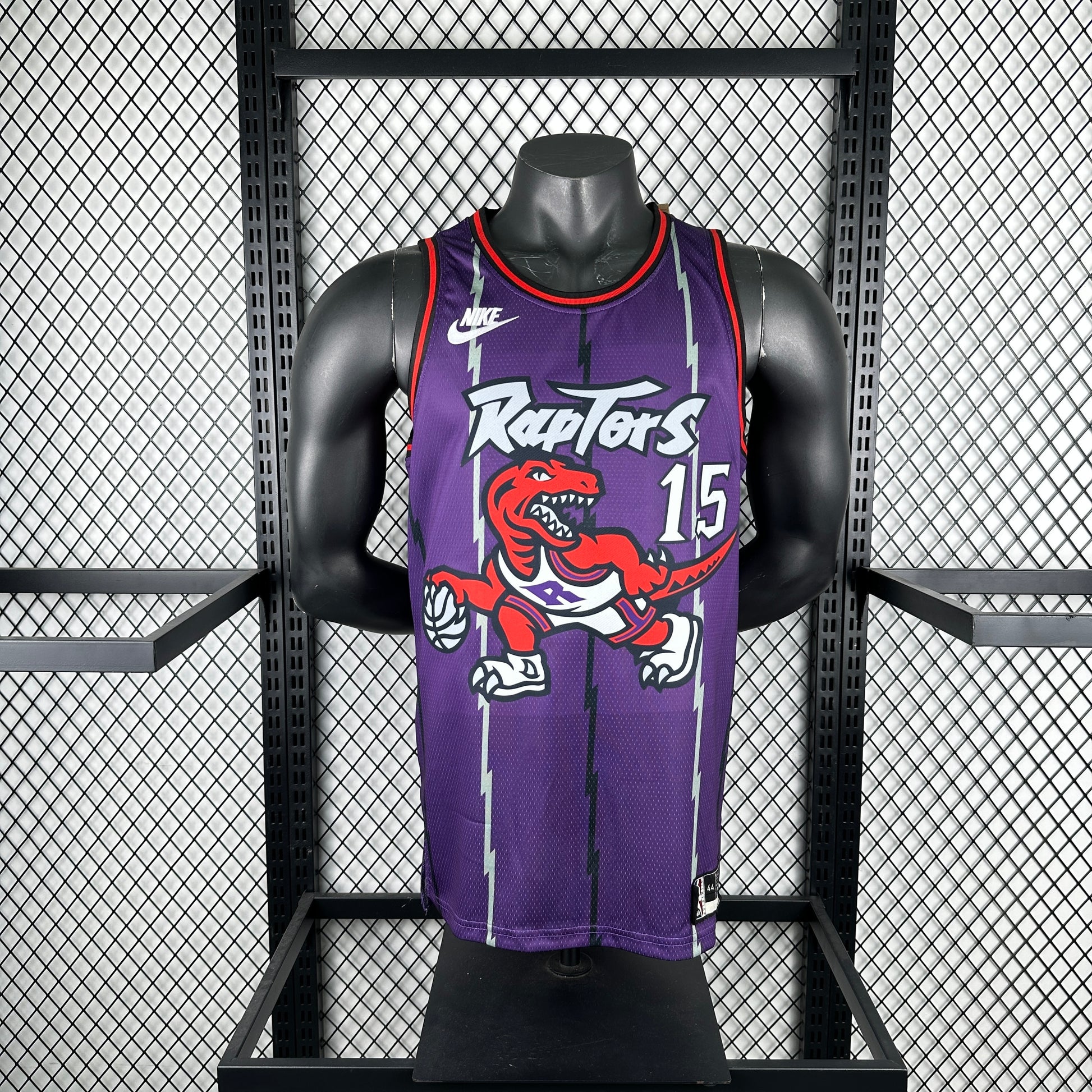 Toronto Raptors 2025/26 purple retro swingman jersey Vince Carter number 15 dinosaur design front and back view