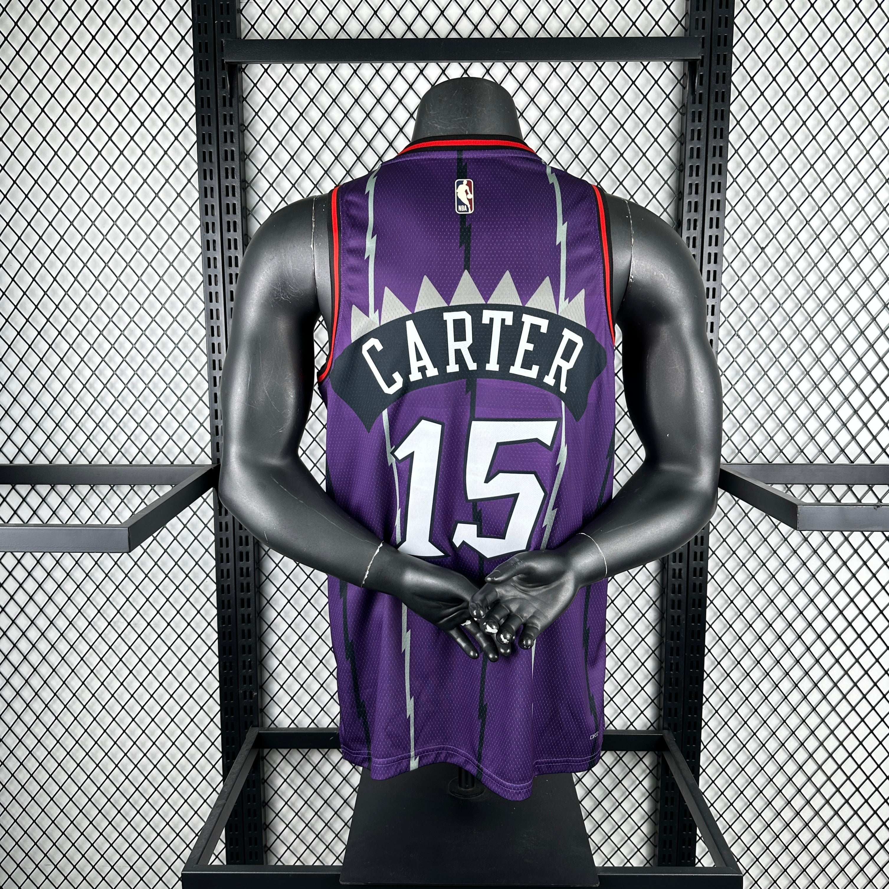Toronto Raptors 2025/26 purple retro swingman jersey Vince Carter number 15 dinosaur design front and back view