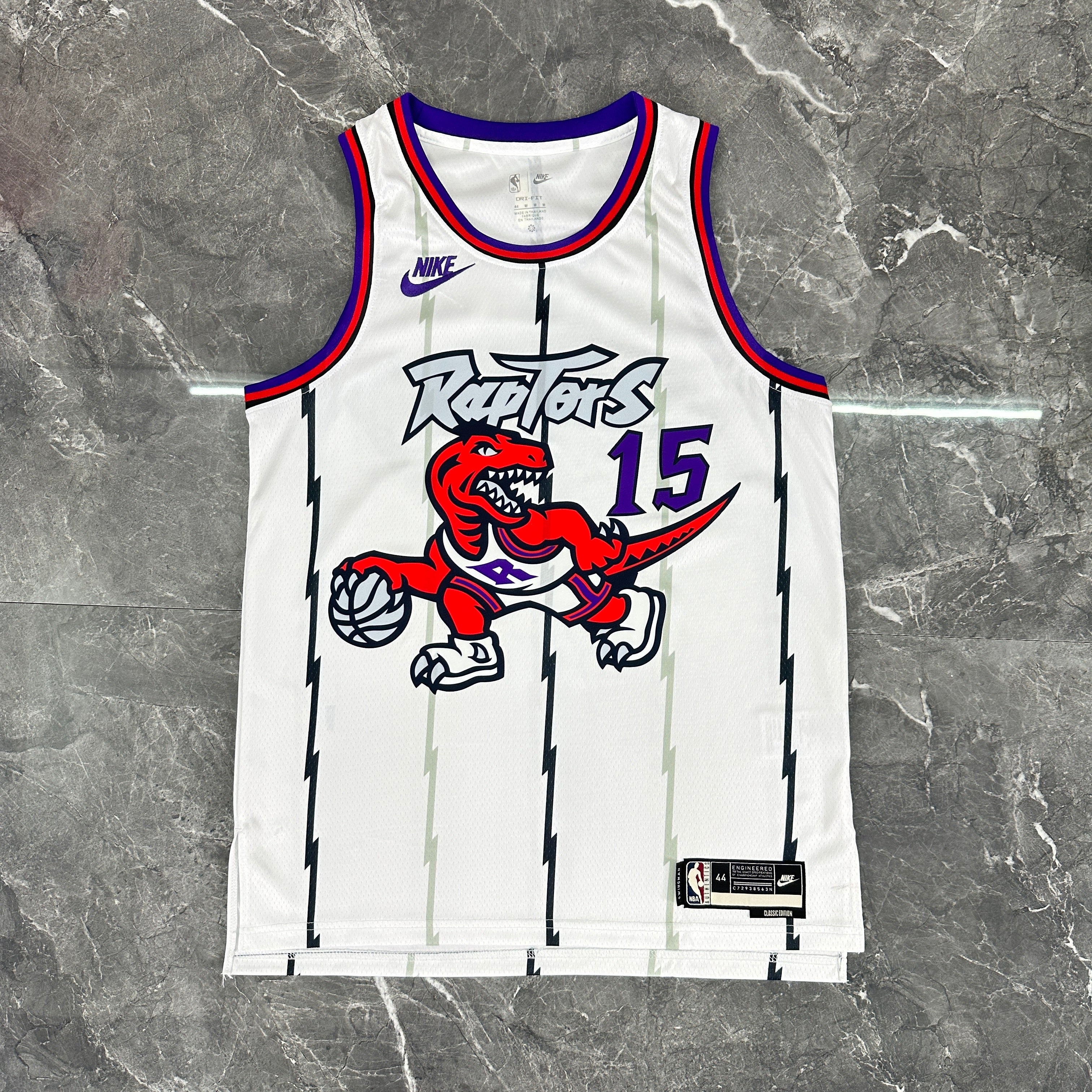 Toronto Raptors 2025/26 retro white swingman jersey Vince Carter number 15 front and back view
