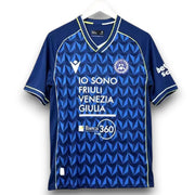 Udinese Away Jersey 2026/27 front view in deep blue with geometric pattern, lime accents, club crest and sponsor graphics