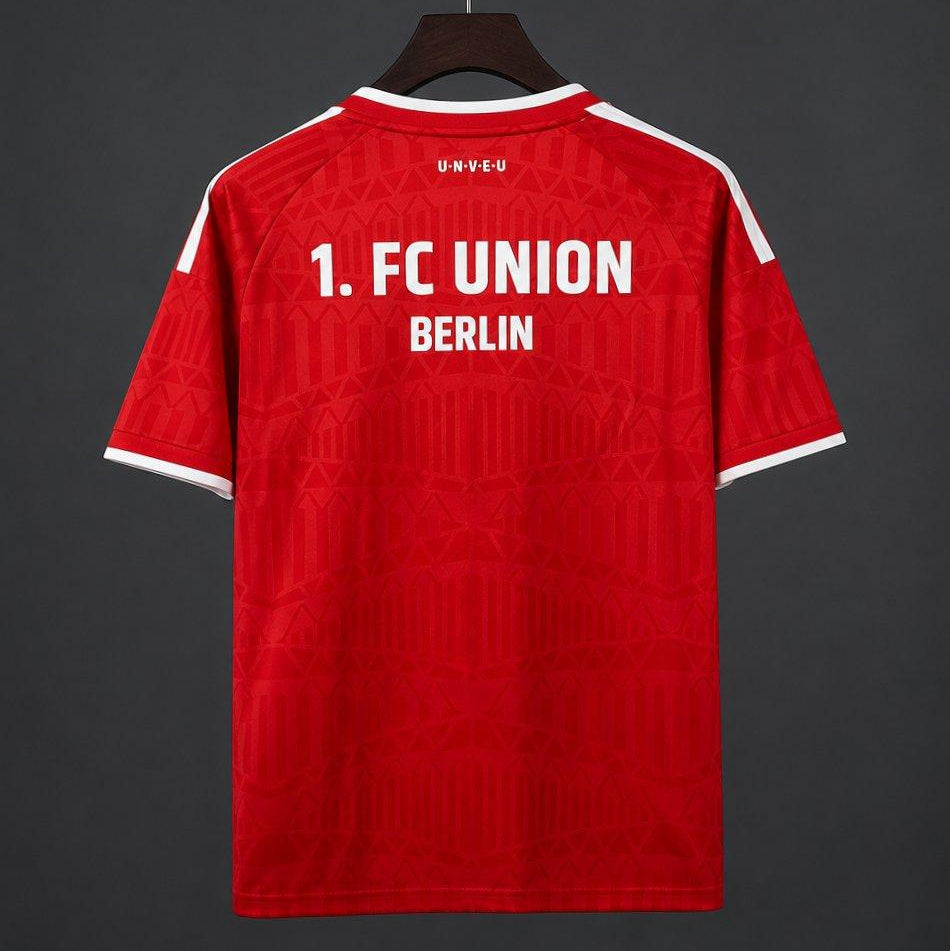 Union Berlin Home Jersey 2026/27 collar detail with white trim and Adidas shoulder stripes