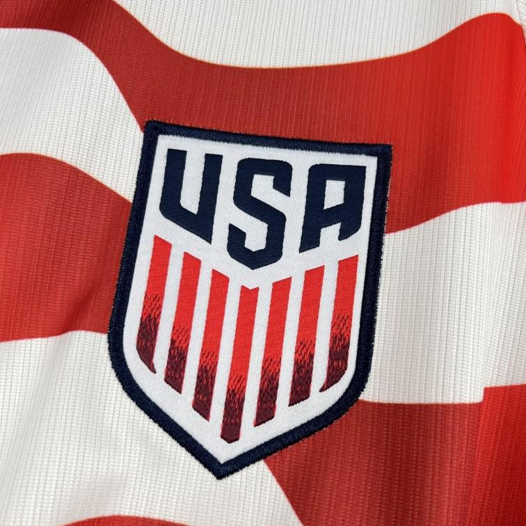 USA 2026 World Cup home jersey red white striped football shirt logo view
