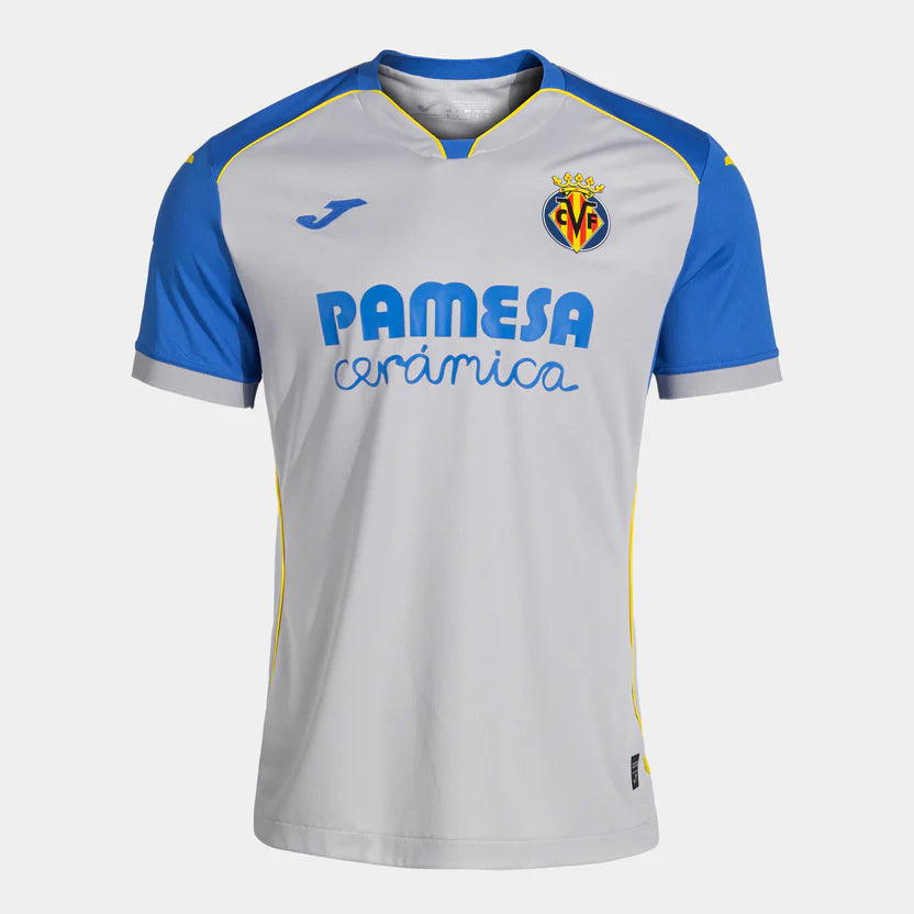 Villarreal Away Jersey 2026/27 front view with light grey base blue sleeves and Pamesa sponsor