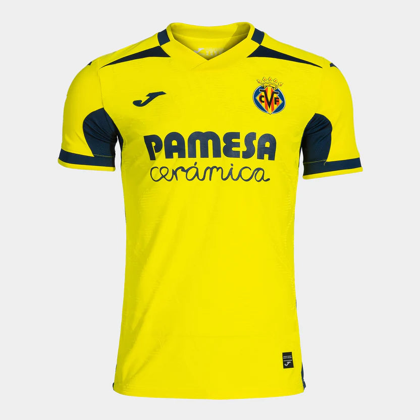 Villarreal Home Jersey 2026/27 front view with yellow base navy detailing and Pamesa sponsor