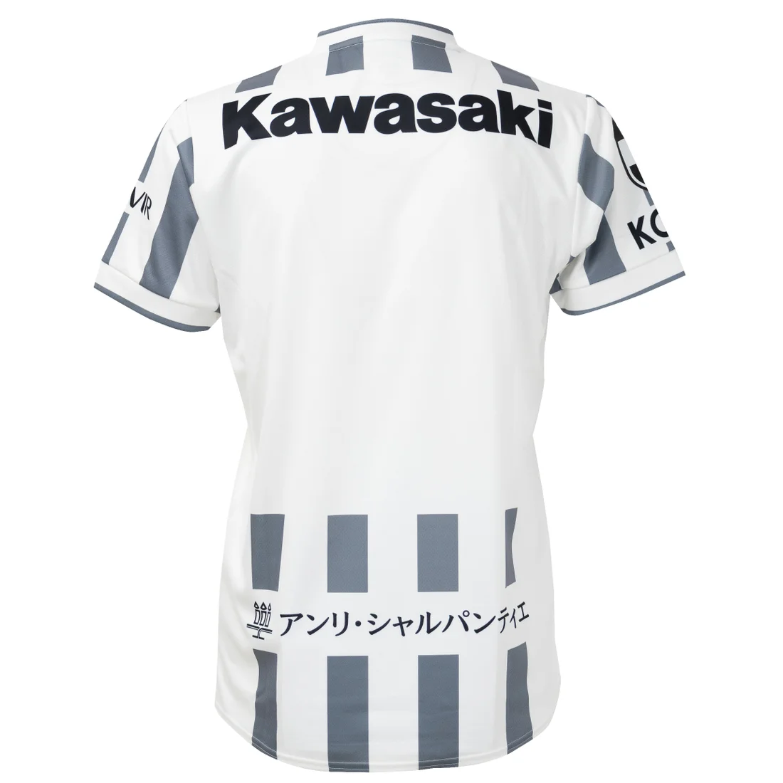 Vissel Kobe Away Jersey 2026/27 back view in white with grey stripe detailing, Kawasaki sponsor and additional Japanese text detail