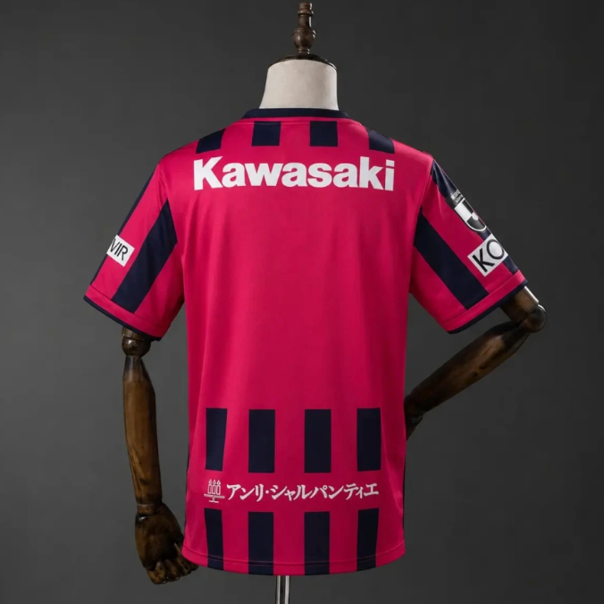Vissel Kobe Home Jersey 2026/27 back view in crimson with black detailing, Kawasaki sponsor and Japanese text near the lower back