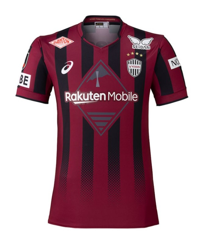 Vissel Kobe Home Jersey 2026/27 front view in crimson with black vertical details, Vissel Kobe crest and Rakuten Mobile sponsor