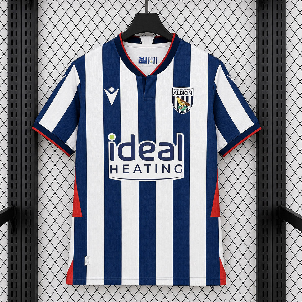 West Bromwich Albion Home Jersey 2026/27 front view with navy and white vertical stripes, red accents, club crest and Ideal Heating sponsor