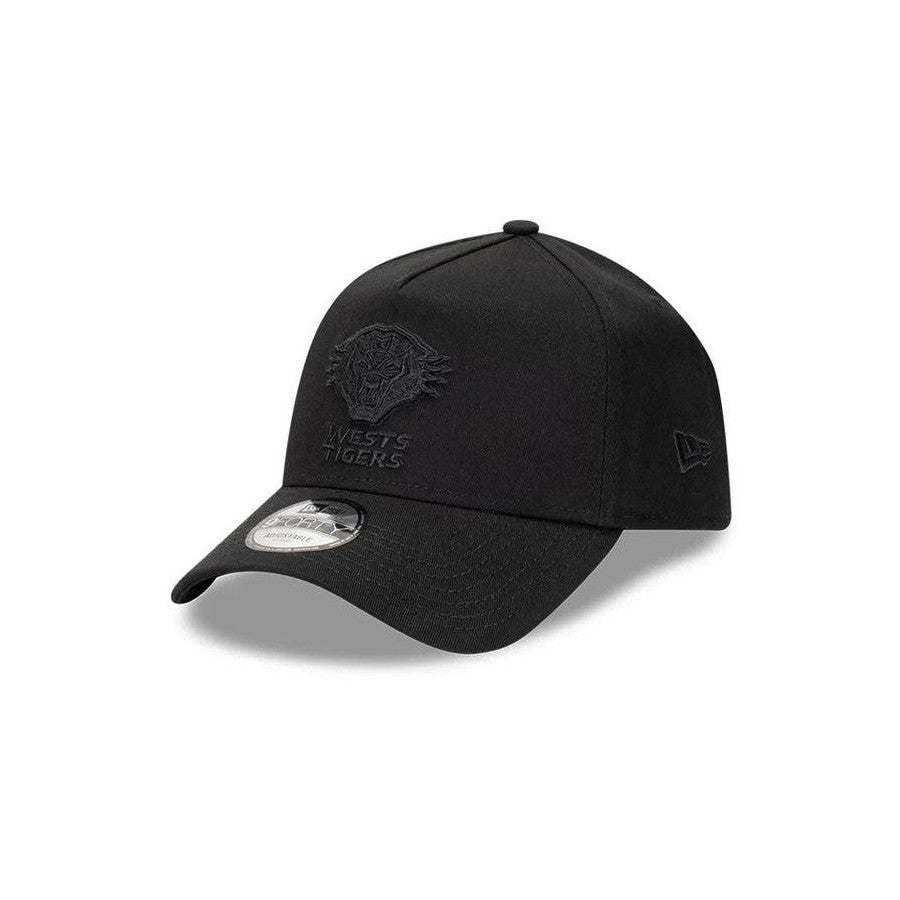 West Tigers Black On Black Cap 9FORTY front view with tonal tiger logo