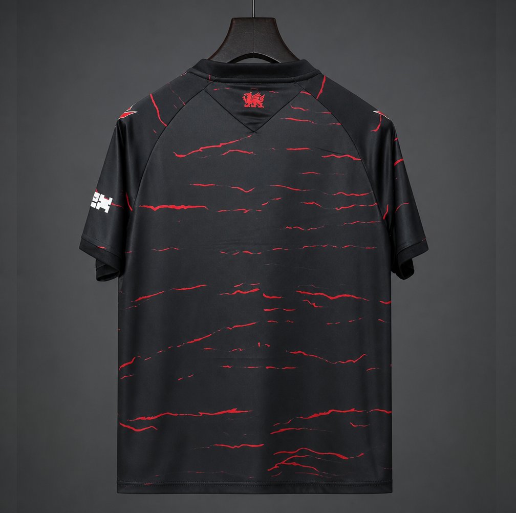 Wrexham AFC 2026/27 Away Jersey Black with Red Wave Design Back View