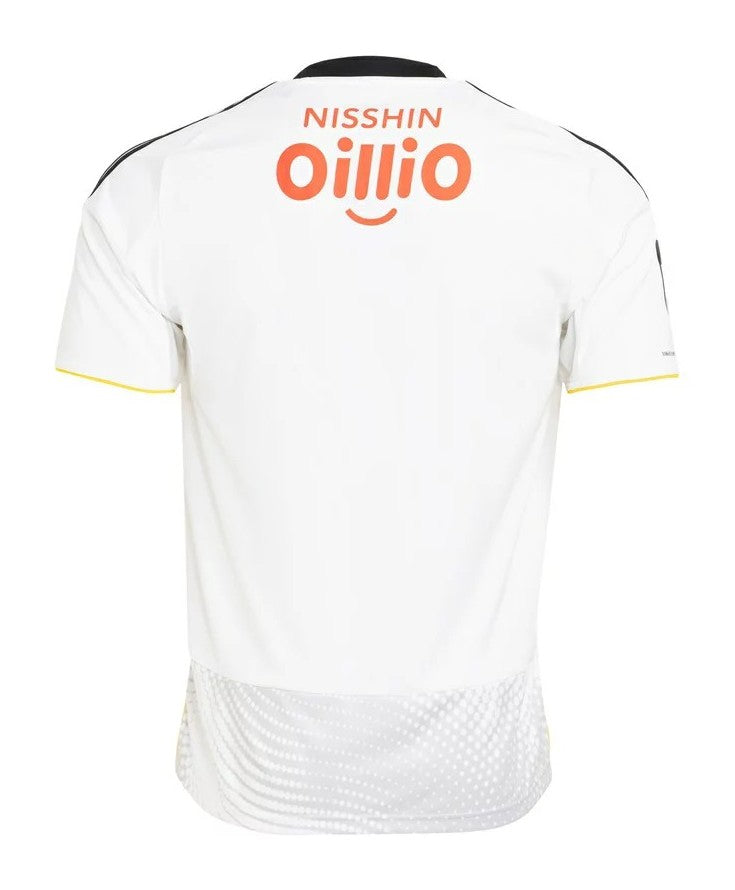 Yokohama F. Marinos Away Jersey 2026/27 back view in white with yellow sleeve trim, tonal lower graphics and Nisshin Oillio sponsor